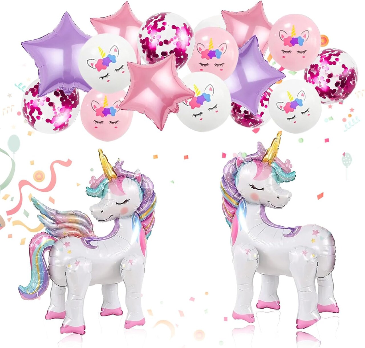 16 Pcs Unicorn Balloons Kit for Birthday Party Decorations - 2 Self Standing 3D Foil Unicorns, 4 Star Balloons & 10 Printed Latex Balloons with Tying Tool (No Helium Needed)